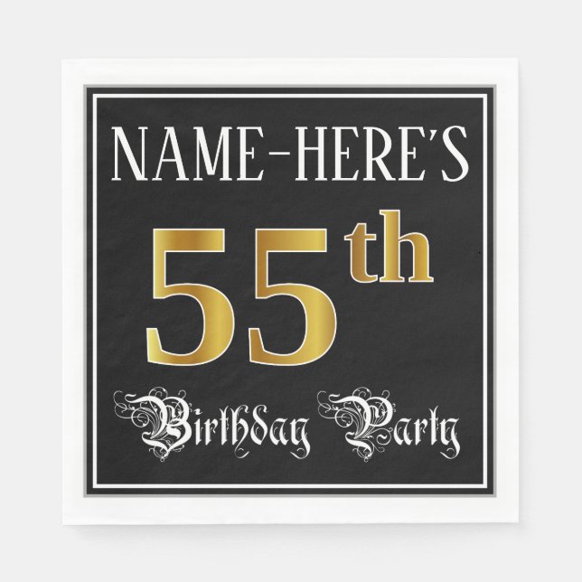 Servilleta De Papel 55th Birthday Party — Fancy Script, Faux Gold Look (Anverso)