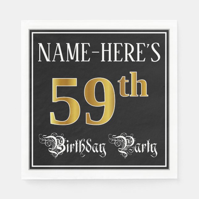 Servilleta De Papel 59th Birthday Party — Fancy Script, Faux Gold Look (Anverso)