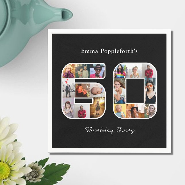 Servilleta De Papel 60.º cumpleaños 60 Collages de fotos Blanco negro (60th birthday party paper napkin. black with white text and photo collage template.)