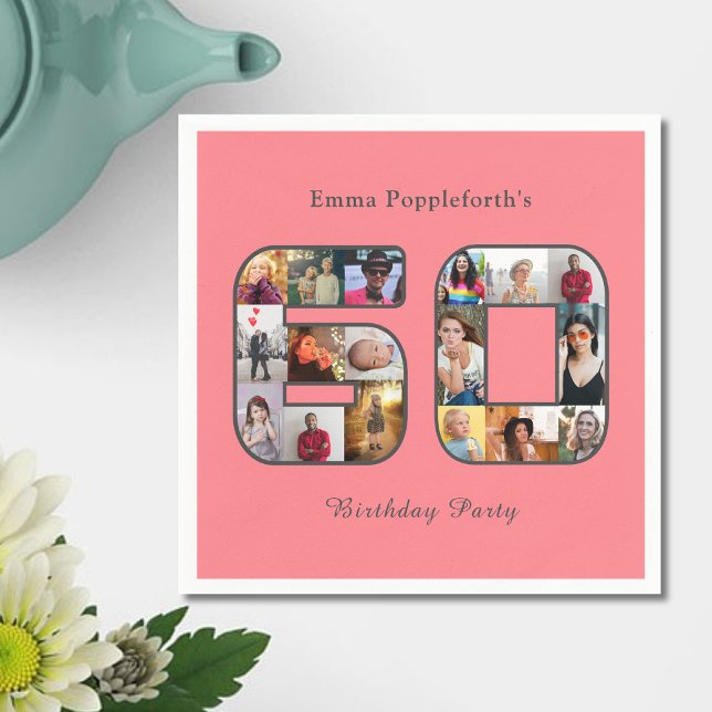 Servilleta De Papel 60.º cumpleaños 60 Collages de fotos Rubor Pink (Blush pink 60th birthday party paper napkin. 60 photo collage template,)