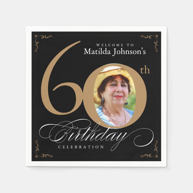 Servilleta De Papel 60.º cumpleaños elegante foto de caligrafía de oro (Anverso)