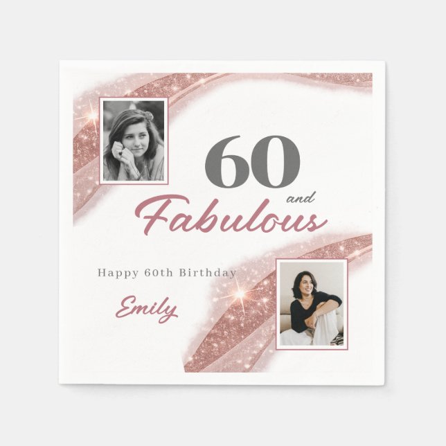 Servilleta De Papel 60 and Fabulous Rose Gold Photo Birthday Party (Anverso)