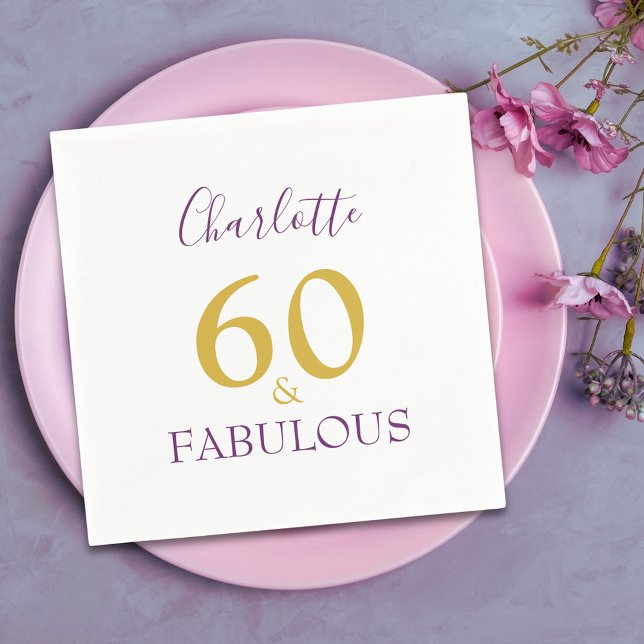 Servilleta De Papel 60 y Fabulous Elegant 60th Birthday Purple Gold (60 & fabulous stylish purple and gold custom 60th birthday party paper napkins)