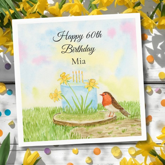 Servilleta De Papel 60th Birthday Robin with Daffodil Cake (Subido por el creador)