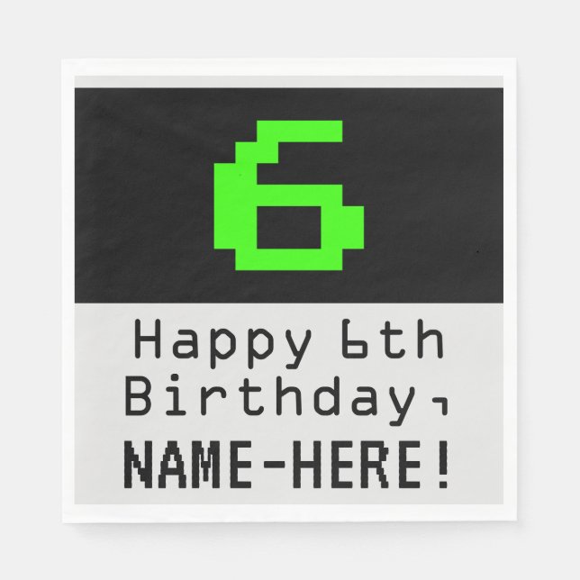 Servilleta De Papel 6 cumpleaños - Nerdy / Geeky Style "6" y nombre (Anverso)