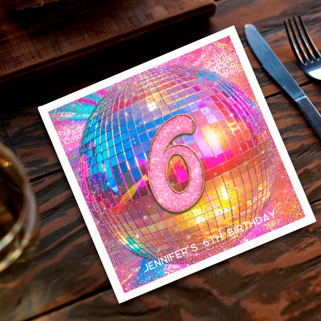 Servilleta De Papel 6th Birthday Party Gold Pink Glitter Disco Ball (Subido por el creador)
