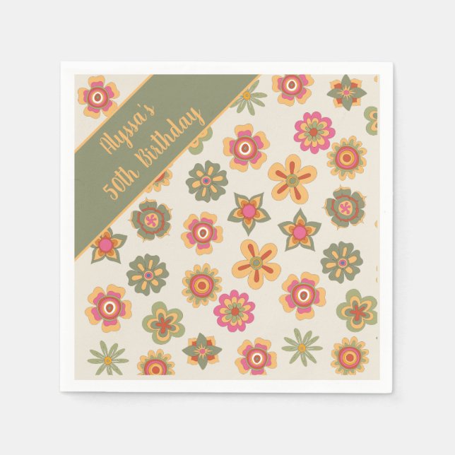 Servilleta De Papel 70.ª Flower Power Retro Rosa-Verde-Oro (Anverso)