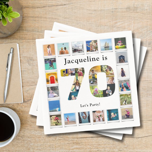 Servilleta De Papel 70.º cumpleaños Diseñar tu propio Collage de fotos (Personalized 70th birthday party napkins with family photo collage template.)