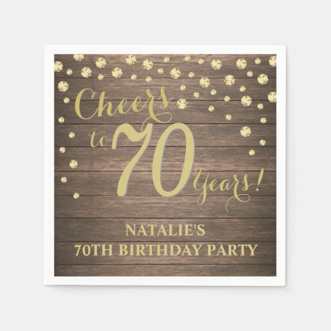 Servilleta De Papel 70.º cumpleaños Madera Rústica y Diamante de Oro (Anverso)
