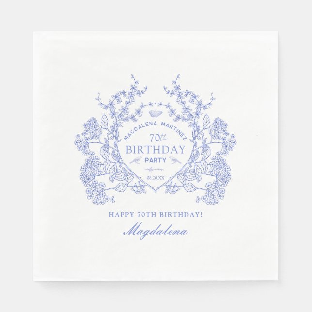 Servilleta De Papel 70.º cumpleaños Personalizado Escudo Floral Azul f (Anverso)