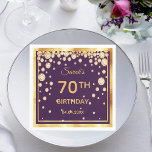 Servilleta De Papel 70th birthday party on purple with golden diamonds<br><div class="desc">A napkin for an elegant purple and gold 70th birthday party. Templates for a name, age and date of the party. Golden colored letters. Purple background color and a faux gold frame. With glamorous faux golden diamonds. (no real diamonds) The background is transparent so you can change the color to...</div>