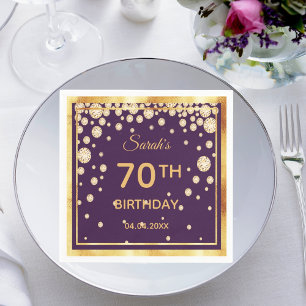 Servilleta De Papel 70th birthday party on purple with golden diamonds
