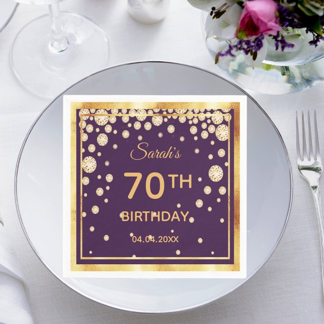Servilleta De Papel 70th birthday party on purple with golden diamonds (Subido por el creador)