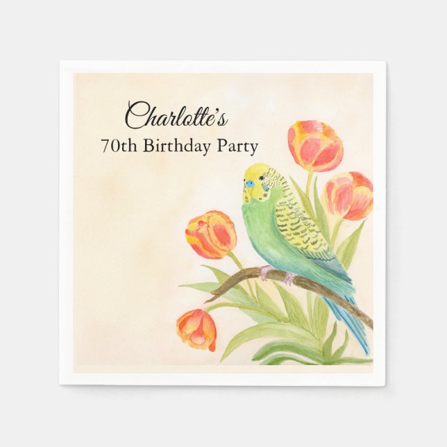 Servilleta De Papel 70th Birthday Party Parakeet with Tulips  (Anverso)