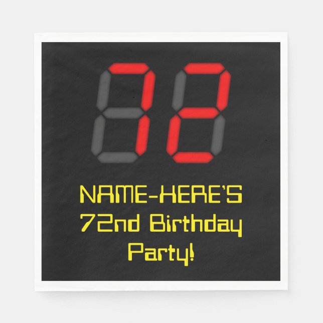 Servilleta De Papel 72º cumpleaños: Red Digital Clock Style "72" + Nom (Anverso)