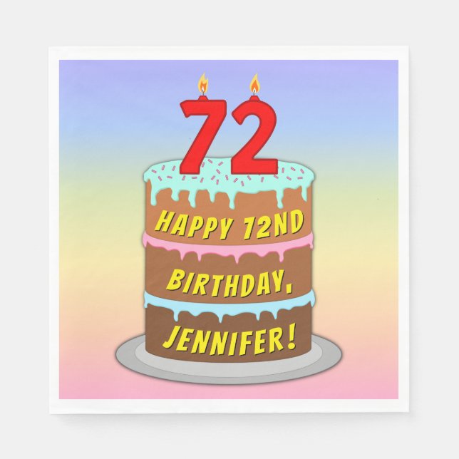 Servilleta De Papel 72.º cumpleaños: Torta divertida y velas + nombre  (Anverso)