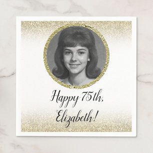 Servilleta De Papel 75 Cumpleaños Foto Personalizada Blanco y Dorado