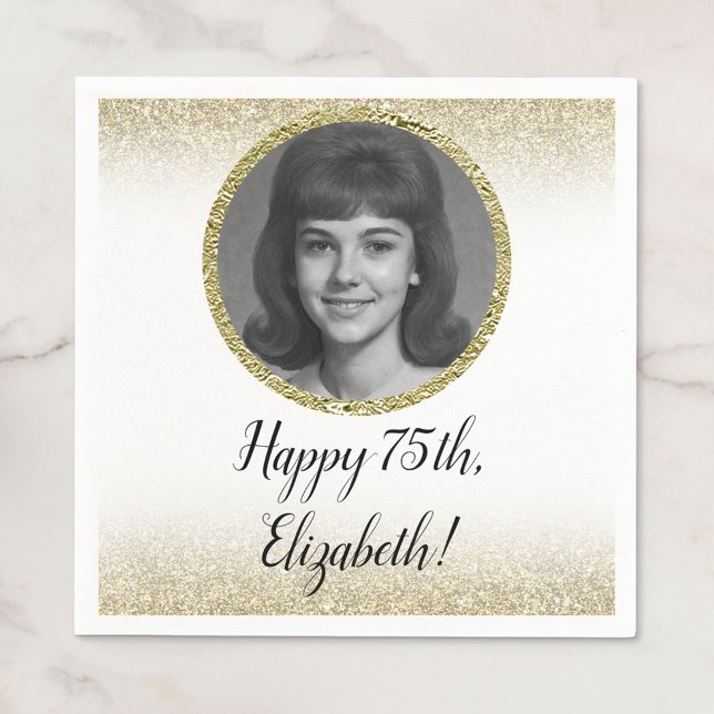 Servilleta De Papel 75 Cumpleaños Foto Personalizada Blanco y Dorado  (Subido por el creador)