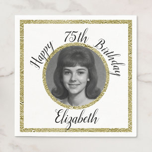 Servilleta De Papel 75 Cumpleaños Personalizado Foto Blanco y Dorado