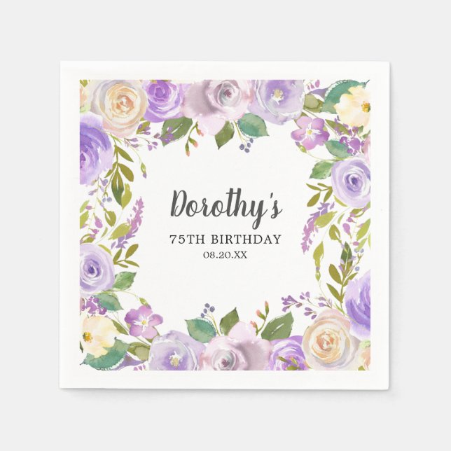Servilleta De Papel 75th Birthday Party Purple Floral Monogram  (Anverso)