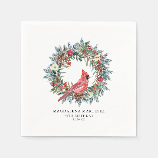 Servilleta De Papel 75th Birthday Red Cardinal Wreath Custom Cocktail (Anverso)