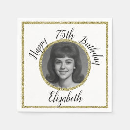 Servilleta De Papel 75th Custom Photo White and Gold Birthday