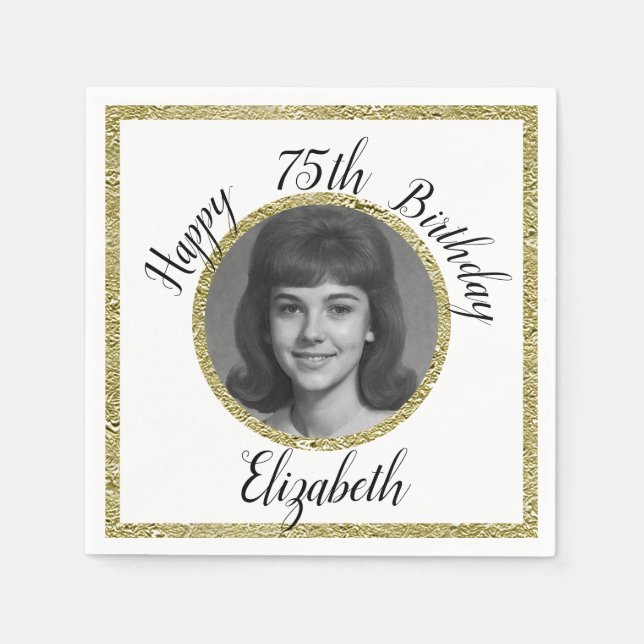 Servilleta De Papel 75th Custom Photo White and Gold Birthday (Anverso)
