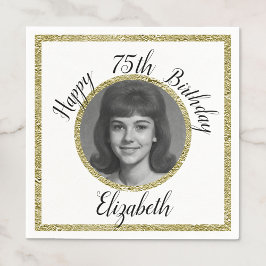 Servilleta De Papel 75th Custom Photo White and Gold Birthday