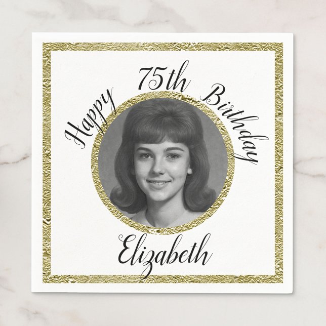 Servilleta De Papel 75th Custom Photo White and Gold Birthday (Subido por el creador)