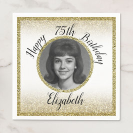 Servilleta De Papel 75th Custom Photo White and Gold Birthday