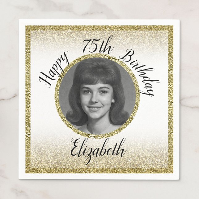 Servilleta De Papel 75th Custom Photo White and Gold Birthday (Subido por el creador)