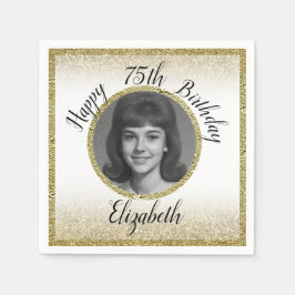 Servilleta De Papel 75th Custom Photo White and Gold Birthday