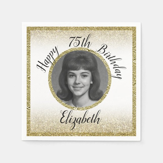 Servilleta De Papel 75th Custom Photo White and Gold Birthday (Anverso)