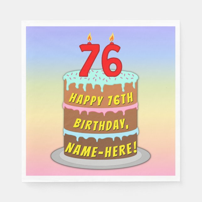 Servilleta De Papel 76º cumpleaños: Torta divertida y velas + nombre p (Anverso)