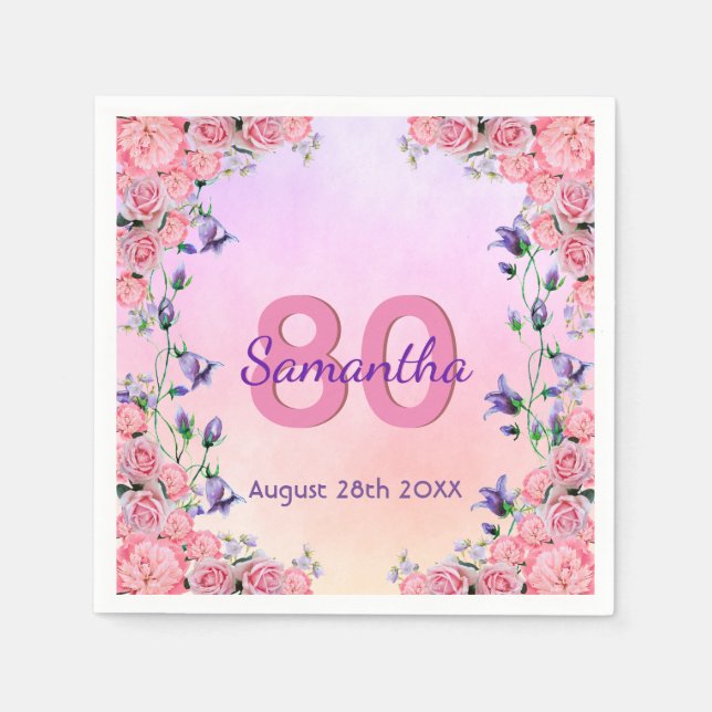 Servilleta De Papel 80.ª fiesta de cumpleaños violeta rosa (Anverso)