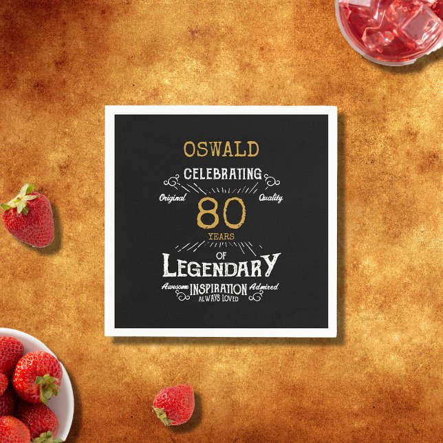 Servilleta De Papel 80.ª legendaria retro de oro negro (For those celebrating their 80th birthday we have the ideal birthday party napkins )