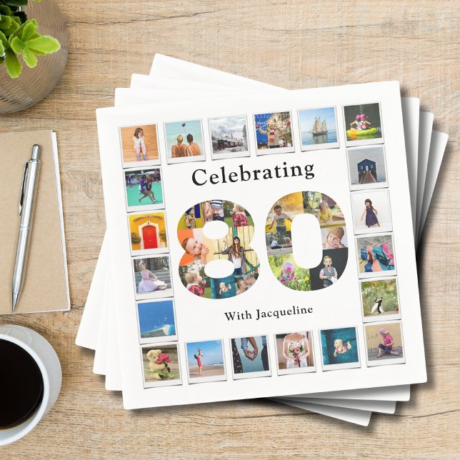 Servilleta De Papel 80.º cumpleaños Diseñar tu propio Collage de fotos (Personalized 80th birthday party napkin with custom family photo collage template.)