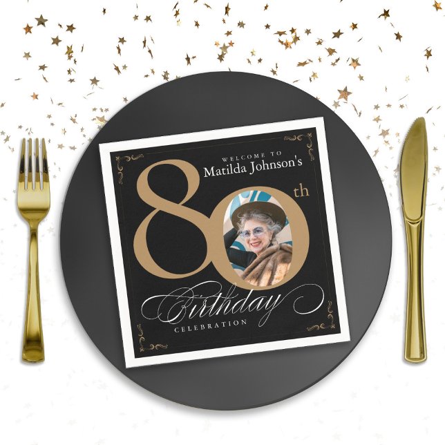 Servilleta De Papel 80.º cumpleaños Personalizado de caligrafía de oro (80th Birthday Black Gold Calligraphy Custom Photo Napkins)