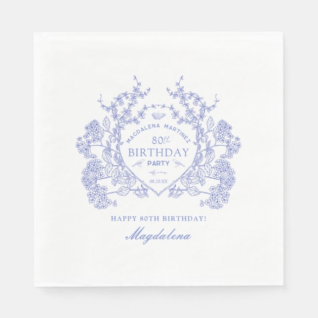 Servilleta De Papel 80.º cumpleaños Personalizado Escudo Floral Azul f (Anverso)