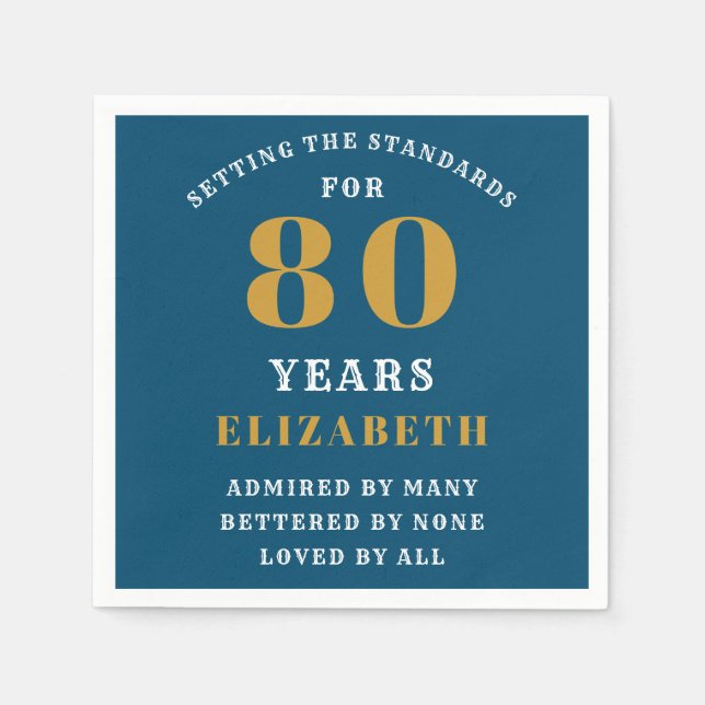 Servilleta De Papel 80.º Nacimiento Azul Y Oro Añadir Su Nombre (Anverso)