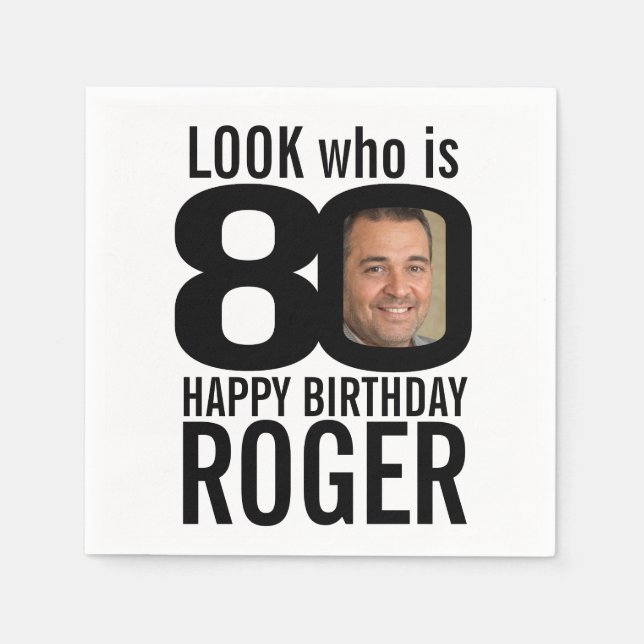 Servilleta De Papel 80 cumpleaños apariencia negra 80 foto y nombre pe (Anverso)