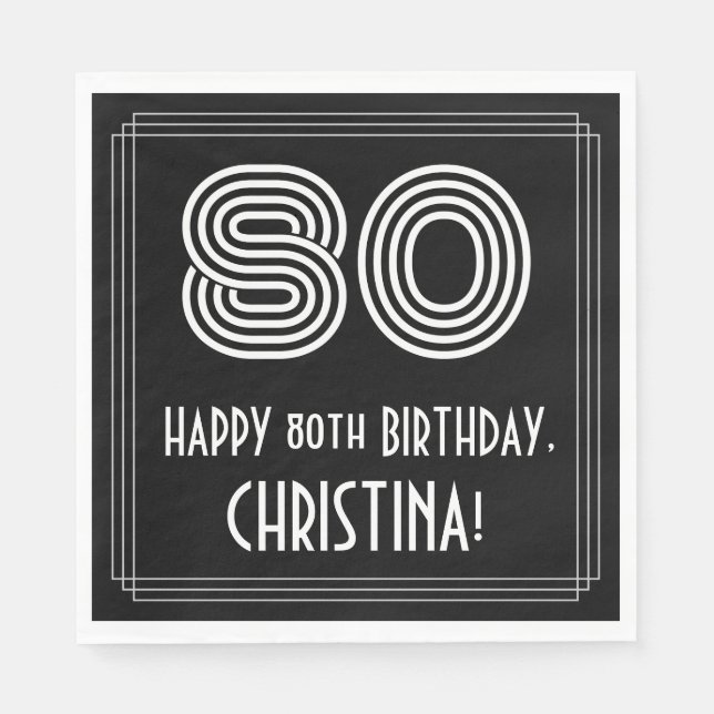 Servilleta De Papel 80° cumpleaños: Art Deco inspirado look "80" + nom (Anverso)