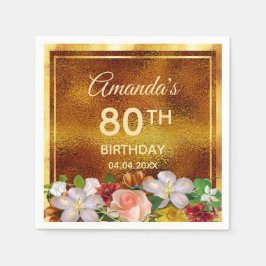 Servilleta De Papel 80 cumpleaños fiesta de oro flores blancas rosadas
