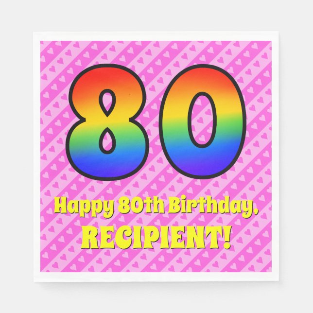 Servilleta De Papel 80° cumpleaños: Rayas y corazones rosas, arcoiris  (Anverso)