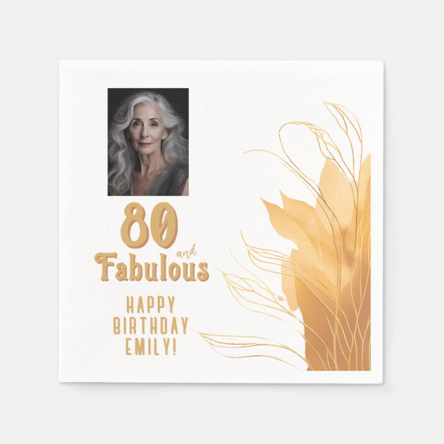 Servilleta De Papel 80 y Fabulous Gold Foliage 80th Birthday Photo (Anverso)
