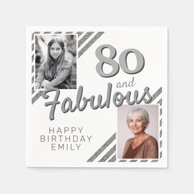 Servilleta De Papel 80 y Fabulous Silver Purpurina 2 Photo Birthday (Anverso)