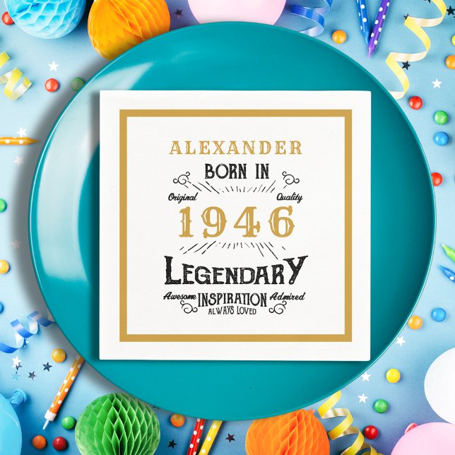 Servilleta De Papel 80th Birthday Born 1946 White Gold Legend (Born 1946 napkin on a blue plate.)