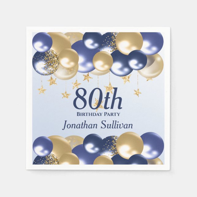 Servilleta De Papel 80th Birthday Navy Gold Balloons Party (Anverso)