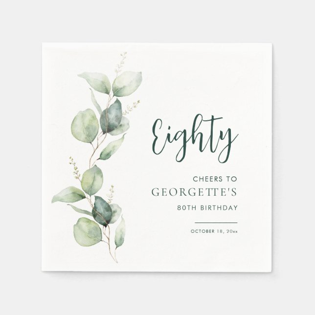 Servilleta De Papel 80th Birthday Watercolor Eucalyptus Paper (Anverso)