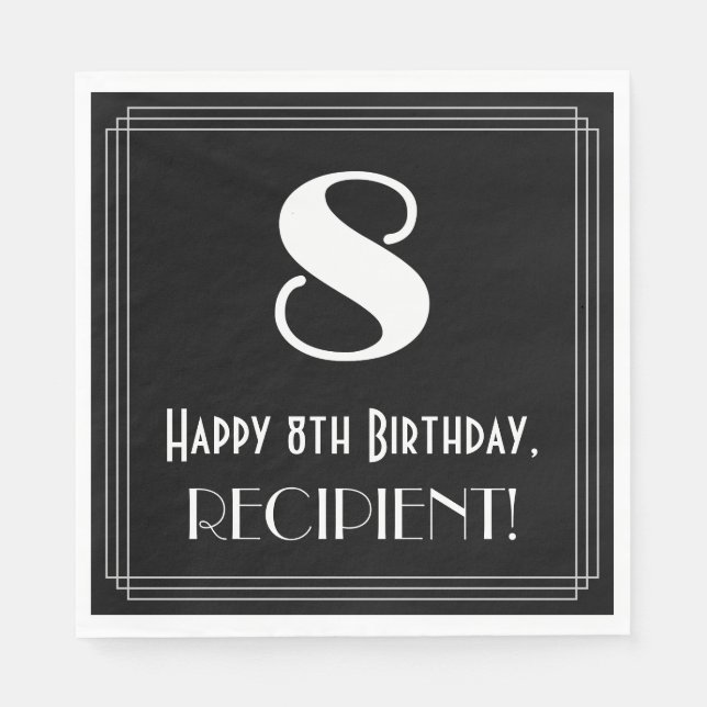 Servilleta De Papel 8 Cumpleaños ~ Art Decó Inspira Aspecto "8", Nombr (Anverso)
